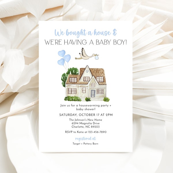 Editable Housewarming Party Invitation Template, Boy Baby Shower Invitation, Housewarming and Boy Baby Shower, Baby Announcement