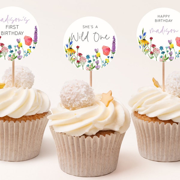 Editable Wild One Cupcake Toppers, Wildflower First Birthday Decoration, Girl Floral Party, Wildflower Party Decor, CLP122