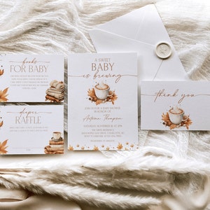 Editable Fall Baby Brewing Baby Shower Invitation Bundle template, Coffee Baby Shower Invite Set, Brewing Baby Shower, CLP183
