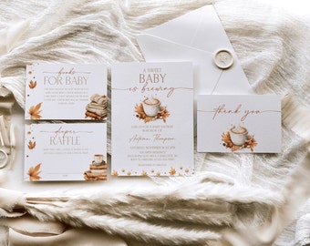 May include: A collection of baby shower stationery with a fall theme. The invitation reads "A Sweet Baby is Brewing" with a coffee cup graphic. Other cards say "Books for Baby", "Diaper Raffle", and "thank you".