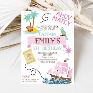 Pirate Birthday Invitation, Pirate Invitation, Printable Editable Pirate Invite, Pirate Girl Birthday Party 5x7, Instant Download