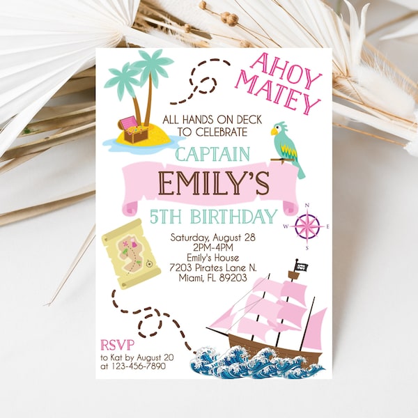 Pirate Birthday Invitation, Pirate Invitation, Printable Editable Pirate Invite, Pirate Girl Birthday Party 5x7, Instant Download