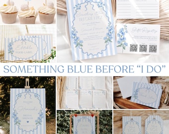Vintage Something Blue Before I Do vrijgezellenfeestuitnodiging + decoratiebundel, uitnodiging voor vrijgezellenfeest met bloemenstrik + gamesbundel, BDS57