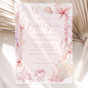 Editable Ocean Bridal Shower Invitation Template, Pink Coral Seashell Bridal Shower Invite, Nautical Seaside Beach Bridal Shower, BDS47
