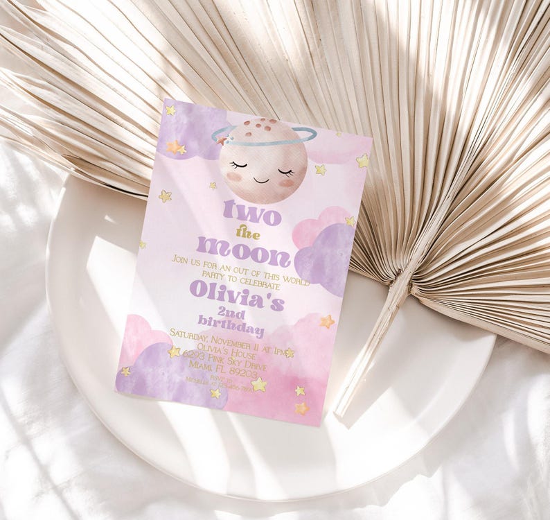 Girl's 2nd Birthday Invitation, Moon and Stars Design (Instant Download) image 3