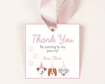 Editable Pink Girl Dog Birthday Favor Tag, Puppy Party Thank You Tag, Lets Pawty, Animal Birthday, Pet Party, Instant Download, CLP5