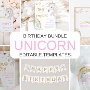 May include: A printable birthday party bundle featuring a unicorn theme. The bundle includes a welcome sign, thank you tags, a banner, a water bottle label, and an invitation. The design features a watercolor unicorn, rainbow, and gold glitter accents.