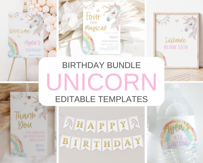 May include: A printable birthday party bundle featuring a unicorn theme. The bundle includes a welcome sign, thank you tags, a banner, a water bottle label, and an invitation. The design features a watercolor unicorn, rainbow, and gold glitter accents.