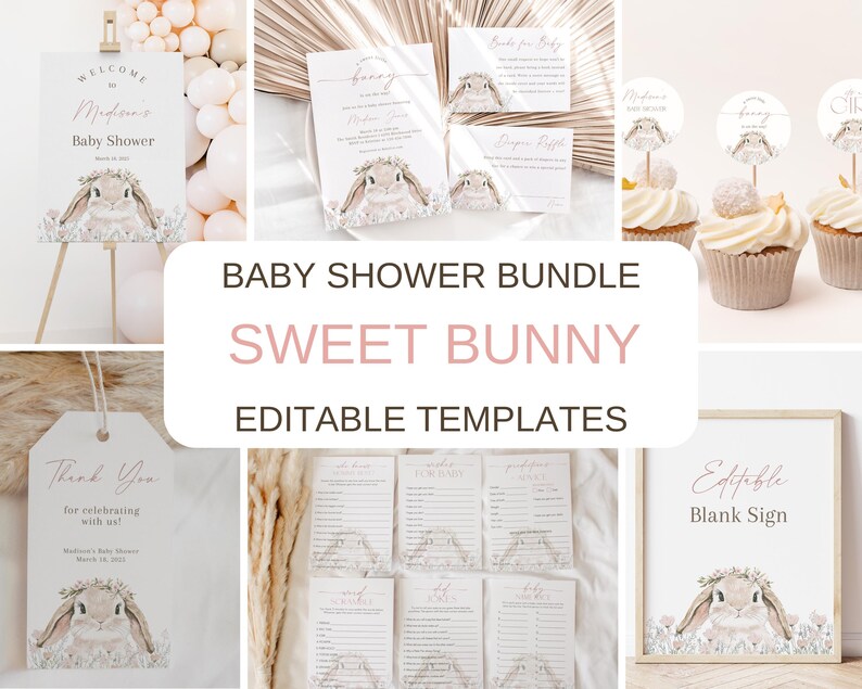 Editable Bunny Baby Shower Invitation, Wildflower Easter Rabbit Baby Shower Invite, Floral Bunny Girl Baby Shower Invitation, BBS138 image 6
