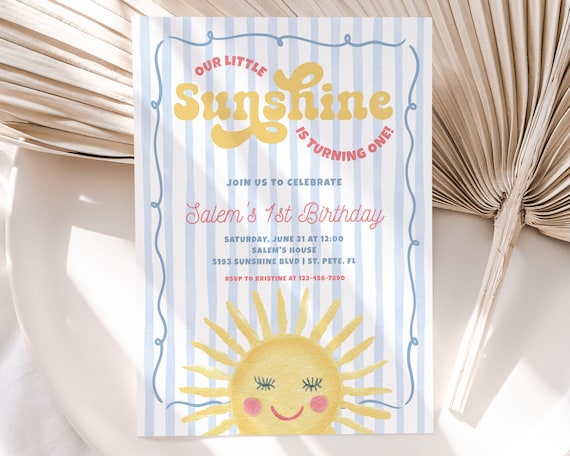 Sunshine 1st Invite | Pink Whimsical Corjl Template - 5X7 Digital Printable Birthday, For Girls CLP310
