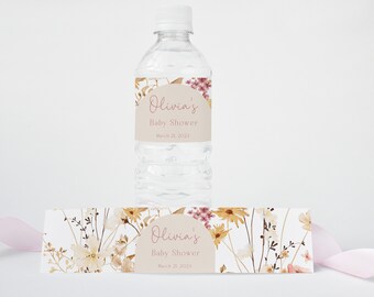 May include: Water bottle label with a floral design and the text "Olivia's Baby Shower March 21, 2024".