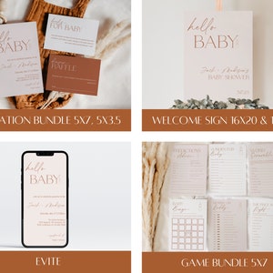 Peut inclure: Un ensemble d'invitations de f&ecirc;te pr&eacute;natale, d'une pancarte de bienvenue et de jeux imprimables dans une palette de couleurs neutres avec une police de calligraphie moderne. L'invitation pr&eacute;sente le texte "hello baby" dans une police d'&eacute;criture avec un design de ligne. La pancarte de bienvenue pr&eacute;sente le texte "hello baby" dans une police d'&eacute;criture avec un design de ligne et le texte "Jack & Madison's Baby Shower". Les jeux comprennent "Pr&eacute;dictions pour b&eacute;b&eacute;", "V&oelig;ux pour b&eacute;b&eacute;", "M&eacute;lange de mots", "Baby Bingo", "Maman ou Papa", et "Le prix est juste".
