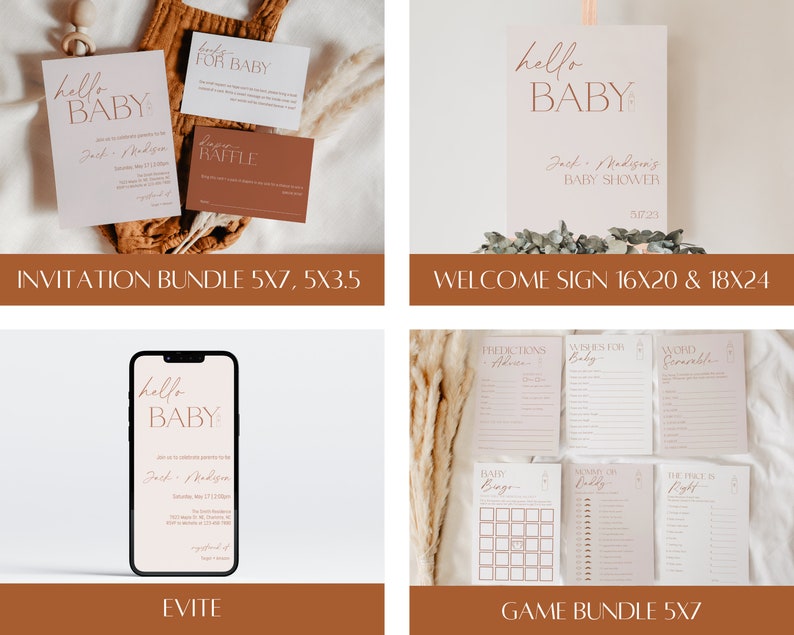 Peut inclure: Un ensemble d'invitations de f&ecirc;te pr&eacute;natale, d'une pancarte de bienvenue et de jeux imprimables dans une palette de couleurs neutres avec une police de calligraphie moderne. L'invitation pr&eacute;sente le texte "hello baby" dans une police d'&eacute;criture avec un design de ligne. La pancarte de bienvenue pr&eacute;sente le texte "hello baby" dans une police d'&eacute;criture avec un design de ligne et le texte "Jack & Madison's Baby Shower". Les jeux comprennent "Pr&eacute;dictions pour b&eacute;b&eacute;", "V&oelig;ux pour b&eacute;b&eacute;", "M&eacute;lange de mots", "Baby Bingo", "Maman ou Papa", et "Le prix est juste".