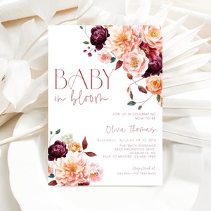 Fall Baby Shower Invitation, Autumn Burgundy Baby Shower Invite, Maroon Baby In Bloom Flower Invite, CLP144