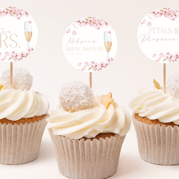 Pink Floral Champagne Editable Cupcake Toppers, Cherry Blossom Shower Decoration, Petals and Prosecco Bridal Shower Cupcake Toppers, CLP59