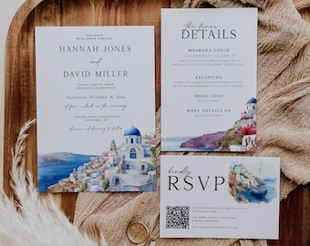 Santorini Hochzeitseinladungspaket, Mediterrane Hochzeitseinladung, Griechenland Hochzeitseinladungsset