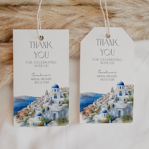 Edytowalny Santorini Bridal Shower Thank You Favor Tag, Wydrukowana dekoracja ślubna w Grecji, Śródziemnomorski Bridal Shower Gift Tag, BDS15
