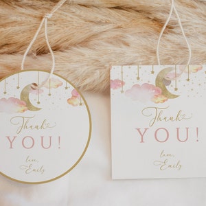 Editable Twinkle Twinkle Little Star Baby Shower Favor Tag, Pink Girl Baby Shower Favor Tag, Gold Moon Stars, Instant Download, CLP40