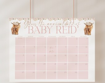 May include: A pink and white calendar with floral accents and a cow and calf illustration. The calendar is for June and has the text "Guess the arrival date of Baby Reid" at the top. The due date is marked as the 7th.