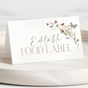 Editable Wildflower Party Food Label, Boho Wildflower Party Food Label, Rustic Butterfly Printable Place Card, Instant Download, CLP6