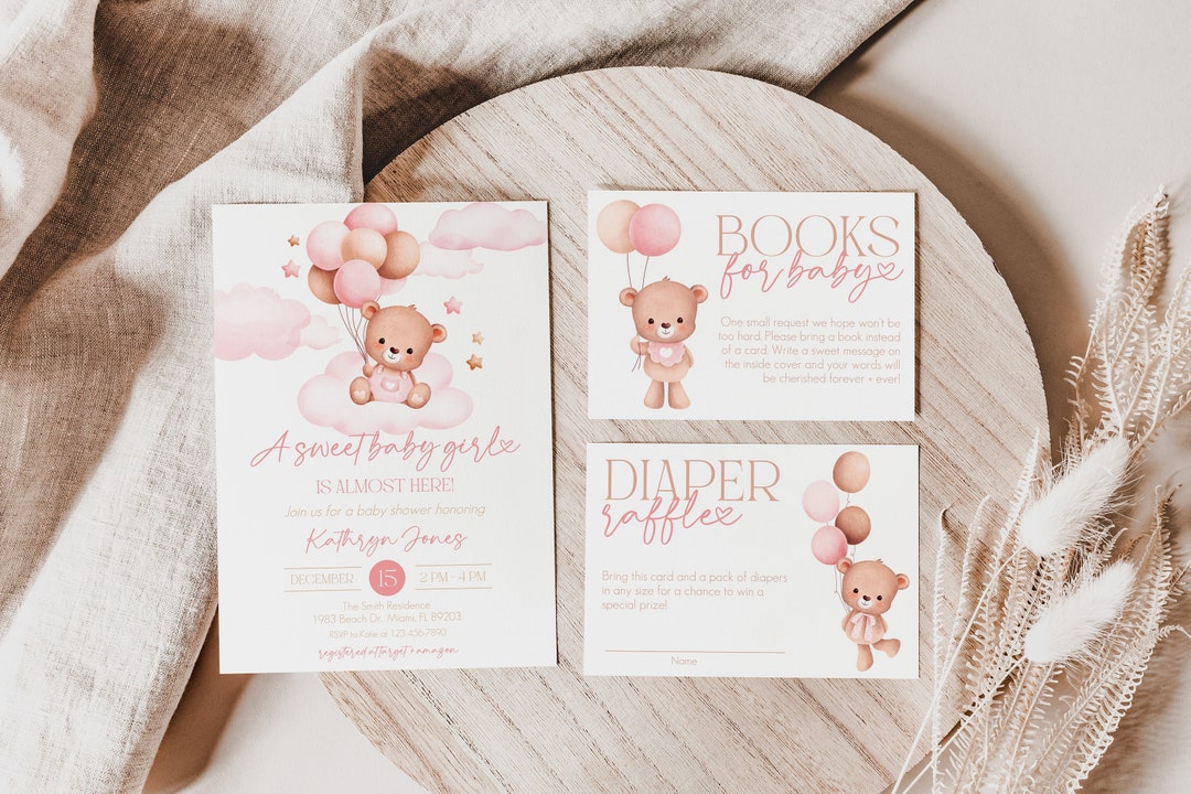 Editable Pink Teddy Bear Balloon Baby Shower Invitation Bundle, Girl ...