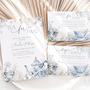 Bearbeitbares Dusty Blue Teeparty-Babyparty-Einladungspaket, Chinoiserie-Babyparty-Einladungsset, Teezeit-Blumen-Babyparty, BBS60