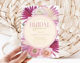 May include: A pink and white floral bridal shower invitation with the text "Please join us for a BRIDAL shower in honor of MADISON JACKSON" and details for the event.