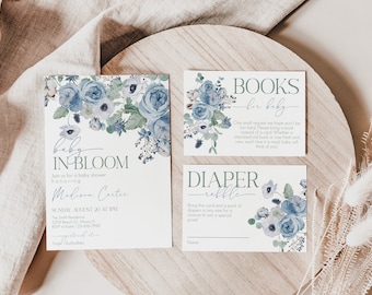 Baby in Bloom Baby Shower Invitation Set, Boy Baby Shower, Baby Shower Invitation, Blue Floral Baby Shower Invite, Baby Shower, Instant