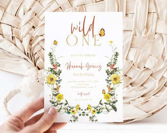 Wildflower First Birthday Invitation, Floral Garden (Editable, Instant Download)