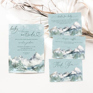 Lot d'invitations modifiable pour baby shower bébé il fait froid dehors, pack d'invitations pour baby shower hiver non sexiste, baby shower en montagne, BBS31