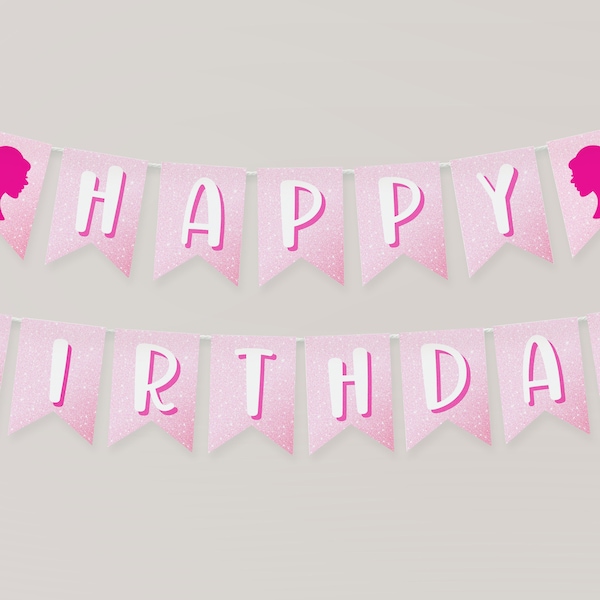 Pink Glitter Doll Happy Birthday Banner, Girl Birthday Party, Hot Pink Glitter Party, Girl Banner, Instant Download