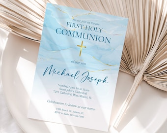 May include: Blue and gold watercolor invitation for a First Holy Communion celebration. The invitation features a gold cross and the name "Michael Joseph". It includes the date, time, and location of the ceremony, as well as the address for the reception.