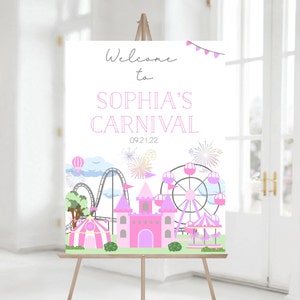 Editable Girl Carnival Birthday Welcome Sign, Circus Birthday Welcome Poster, Pink Carnival Welcome Banner, Amusement Park, Instant Download