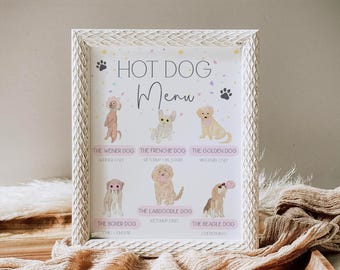 Könnte beinhalten: Ein weiß gerahmtes Schild mit rosa Hintergrund und dem Text "HOT DOG Menu". Das Schild zeigt Illustrationen verschiedener Hunderassen mit ihren Namen und bevorzugten Hotdog-Belägen.