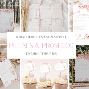 Petals + Prosecco Bridal Shower Invitation Bundle, Spring Floral Bridal Shower Decoration, Cherry Blossom Bridal Brunch Invite, CLP59