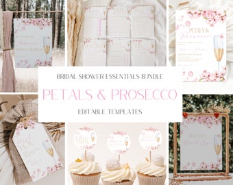 May include: A printable bridal shower essentials bundle with a pink and gold floral theme. The bundle includes an invitation, welcome sign, thank you tags, cupcake toppers, and a sign that says "Petals & Prosecco".