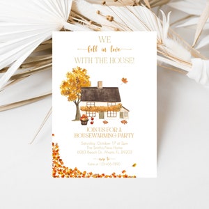 May include: A housewarming party invitation with a watercolor illustration of a house and an autumn tree. The text reads "We fell in love with the house!" and includes party details. The design features fall leaves and a warm color palette.