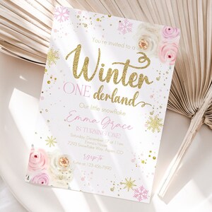 Editable Winter ONEderland Invitation, Pink & Gold Snowflake Winter ONEderland Invitation, Floral Winter ONEderland Party, Instant Download