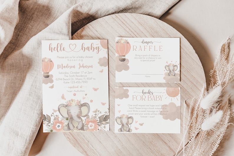 Boho Elephant Baby Shower Invitation Bundle Girl Elephant Etsy
