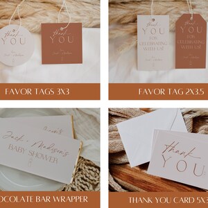 Peut inclure: Un ensemble d'&eacute;tiquettes de faveur de f&ecirc;te de b&eacute;b&eacute; imprimables, un emballage de barre chocolat&eacute;e et une carte de remerciement. Les &eacute;tiquettes sont brunes avec du texte dor&eacute; qui dit "Merci" et le texte "Pour c&eacute;l&eacute;brer avec nous !" L'emballage de barre chocolat&eacute;e est blanc avec du texte dor&eacute; qui dit "Baby Shower de Jack & Madison". La carte de remerciement est blanche avec du texte dor&eacute; qui dit "Merci".