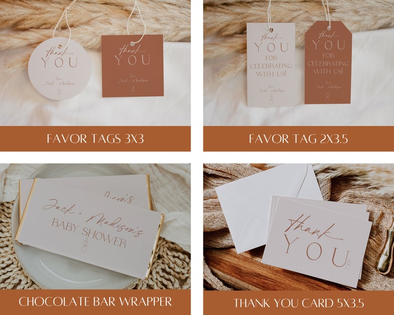 Peut inclure: Un ensemble d'&eacute;tiquettes de faveur de f&ecirc;te de b&eacute;b&eacute; imprimables, un emballage de barre chocolat&eacute;e et une carte de remerciement. Les &eacute;tiquettes sont brunes avec du texte dor&eacute; qui dit "Merci" et le texte "Pour c&eacute;l&eacute;brer avec nous !" L'emballage de barre chocolat&eacute;e est blanc avec du texte dor&eacute; qui dit "Baby Shower de Jack & Madison". La carte de remerciement est blanche avec du texte dor&eacute; qui dit "Merci".
