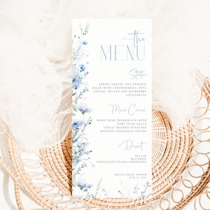 Bewerkbare stoffige blauwe wilde bloemen menusjabloon, afdrukbare blauwe bloemen babyshower 4 x 9 menu, baby in bloei, tuinjongen babyshower, BBS69