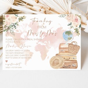 Travel Bridal Shower Invitation template, Traveling from Miss to Mrs Bridal Shower, Floral Map Travel Shower, Instant Download, Editable