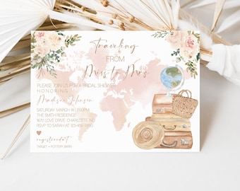Travel Bridal Shower Invitation template, Traveling from Miss to Mrs Bridal Shower, Floral Map Travel Shower, Instant Download, Editable