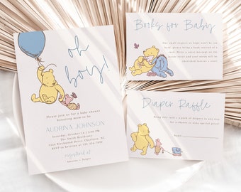 Classic Storybook Bear | Editable Shower Bundle, Vintage Invite Set - Books, Raffle, Thanks BBS12