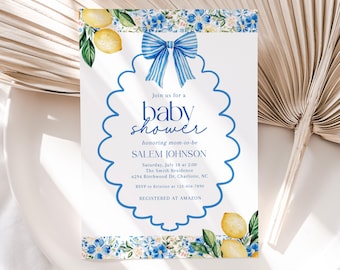 Editable Mediterranean Lemon Baby Shower Invitation, Positano Italian Blue Tiles Baby Shower Invite, Citrus Baby Shower Invitation, BBS183