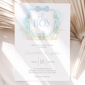 Editable Blue Crest Baby Shower Invitation, Boy Vintage Bow Crest Baby Shower Invite, Watercolor Blue Gold Carriage Baby Shower, BBS133