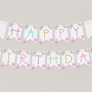 Editable Sweet One Happy Birthday Banner, Desserts Candy Birthday Decoration, Girl Birthday, Cupcake Macaroon, Instant Download, CLP38