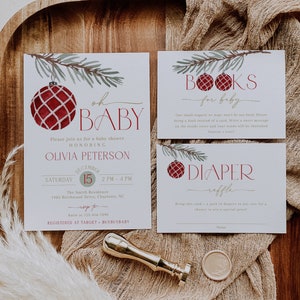 Lot d'invitations modifiables pour baby shower de Noël, ornement rouge imprimable, ensemble d'invitations pour baby shower neutre en matière de genre, téléchargement immédiat, BBS11