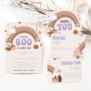 Retro Halloween Baby Shower Invitation Bundle, A Little Boo is Almost Due Invite Set, Groovy Ghost Rainbow Pumpkin Floral, CLP113